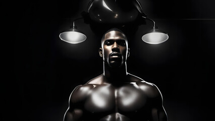 Confident fit African American male model posing shirtless against dark backdrop, looking straight ahead with chin lifted. Dramatic studio lighting illuminates muscular shoulders and chest.