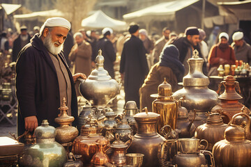 A merchant selling vintage metal pots in a Middle East market - obrazy, fototapety, plakaty