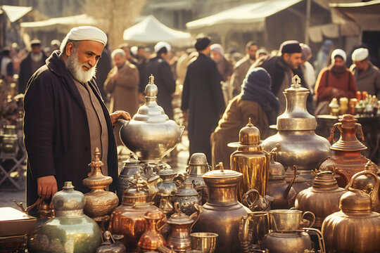 A merchant selling vintage metal pots in a Middle East market