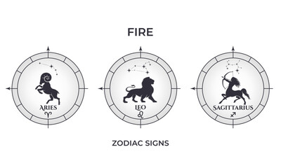 Naklejka premium fire zodiac signs. aries, leo and sagittarius. astrology and horoscope symbols.