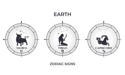 Naklejka premium earth zodiac signs. taurus, virgo and capricorn. astrology and horoscope symbol