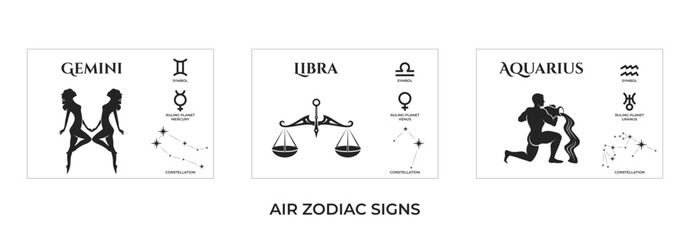 air zodiac signs. gemini, libra and aquarius. constellation and ruling planet symbol. astrology and horoscope symbol