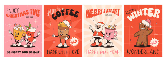 Fototapeta premium Funny Retro cartoon Christmas characters in groovy 50s, 60s, 70s Vintage Style. Happy new year mascot with hot coffee, cocoa, gingerbread, cupcake, santa, present. Xmas vintage characters.