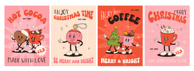 Fototapeta na wymiar Funny Retro cartoon Christmas characters in groovy 50s, 60s, 70s Vintage Style. Happy new year mascot with hot coffee, cocoa, gingerbread, cupcake, santa, present. Xmas vintage characters.