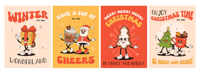 Funny Retro cartoon Christmas characters in groovy 50s, 60s, 70s Vintage Style. Happy new year mascot with hot coffee, cocoa, gingerbread, cupcake, santa, present. Xmas vintage characters.