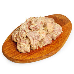 Pork meat marinated raw shashlik on a wooden board on a white background, isolated