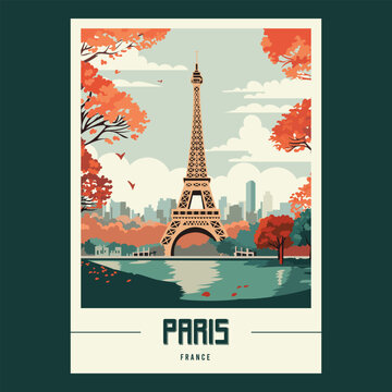 Paris France Eiffel Tower Vintage Travel Poster Vector