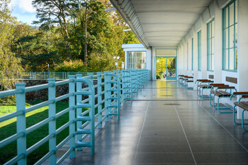 Empty fenced sidewalk of Kolonadny bridge to Spa Island (Piestany, Slovakia) 