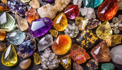 A lot of crystals and gemstones on a dark background. Natural minerals such as agate, amber, amethyst, quartz and others. A scattering of precious stones