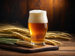 Glass of beer with wheat ears on wooden table. Beer background