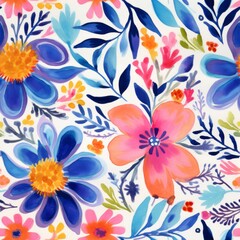 Fototapeta na wymiar Colorful Watercolor Flowers in Whimsical Pattern AI Generated