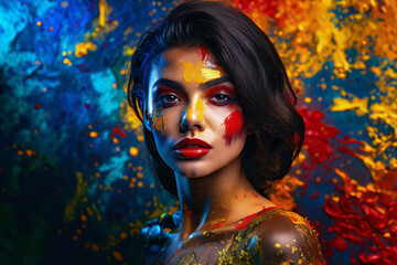 Abstract colorful background of chaotic smears of oil paint. Female face with bright makeup 