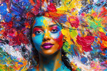 Abstract colorful background of chaotic smears of oil paint. Female face with bright makeup 
