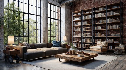 Modern living room modern style industrial-inspired, precise and elegant. large bookcase behind the sofa and very bright