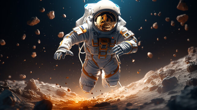 Astronaut starting to run. Mixed media 3d character