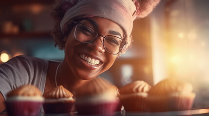 Cheerful black female baker portrait proudly displaying her scrumptious cakes, sunlight background,...