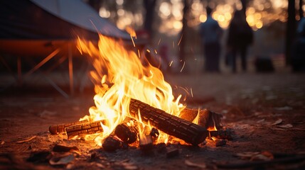 Warm cozy campfire flames dance in dusk with tent camping background, inviting atmosphere for weekend tent camping and outdoor recreation, serenity of spending time in great outdoors