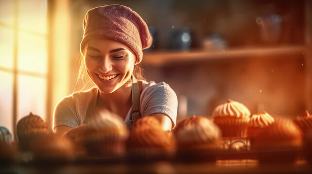 Cheerful female baker portrait proudly displaying her scrumptious cakes, sunlight background, smiling baker is happy to treat you to her delicious culinary masterpieces, passion for cooking