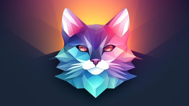 Vibrant multicolored polygonal cat face on gradient background, captivating geometric cat logo, minimalistic cat icon is blend of art and simplicity, cute cat logo combines geometry and feline charm