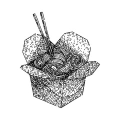 Fototapeta premium food noodles hand drawn. chinese tasty, yellow bowl, texture cuisine food noodles vector sketch. isolated black illustration