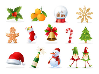 Christmas icons. Vector winter icon set with gingerbread man, snowman, bell, candy, gift, santa hat, gnomes. Festive symbols and design elements. Xmas design for holidays decoration and celebration