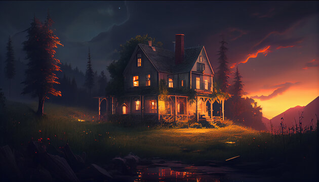 House in the evening concept background, Ai generated image