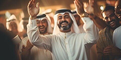Arabian national festival celebration: diverse group in traditional attire enjoys joyful togetherness outdoors. - obrazy, fototapety, plakaty