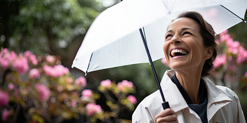 A relaxed, mature woman with an umbrella enjoys nature in a blooming garden during summer. - obrazy, fototapety, plakaty