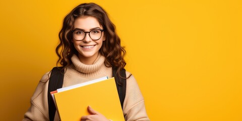 A happy and cheerful student with a backpack, holding folders, and wearing glasses.
