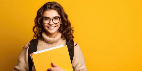 Fotobehang A happy and cheerful student with a backpack, holding folders, and wearing glasses. © Andrii Zastrozhnov