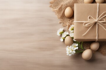 Gift boxes in craft paper and natural decorations, creative and zero waste Easter present wrapping.