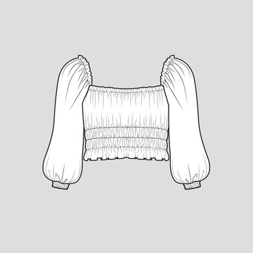 recommend clip art: Fashion Smocking crop top gathering detail balloon sleeve with cuff square neck elastic gatherings cropped top t shirt blouse clothing flat sketch technical drawing template design vector