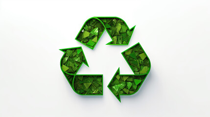 Green recycling logo made from pieces of plastic on a white background.