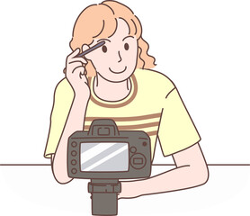 Illustration of beauty blogger recording makeup tutorial video for vlog in Social media. Characters hand drawn style.