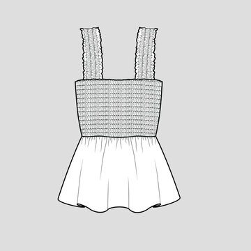 Fashion Smocked  top Sleeveless smocking detail peplum dress top clothing flat sketch technical drawing template design vector