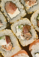 Close-up of a lot of sushi rolls with different fillings lie on a wooden surface. Macro shot of cooked classic Japanese food with a copy space.