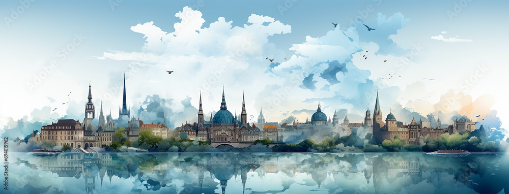 Wall mural world travel destinations banner digital painting with different landmarks on one banner for tourism