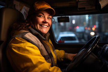 Joyful Woman Steering New York Taxi