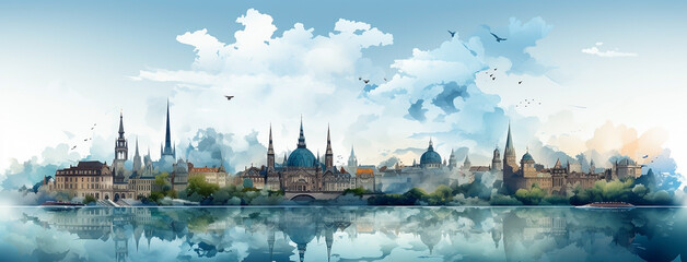 World travel destinations banner digital painting with different landmarks on  one banner for tourism promotions.