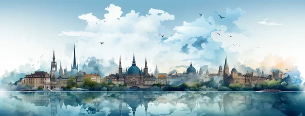 Poster Aquarelschilderij wolkenkrabber  World travel destinations banner digital painting with different landmarks on  one banner for tourism promotions.