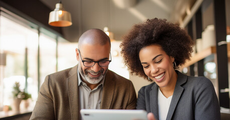 Personas felices y profesionales de negocios, un equipo diverso de diferentes antecedentes. Mujeres y hombres trabajadores que utilizan una tableta digital para encontrar nuevas soluciones laborales.