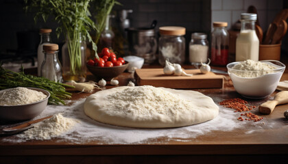 Flour Dough Garlic and Tomatoes on a kitchen countertop