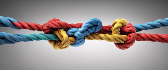 Metaphor for diversity and inclusion, as it shows how different colors and textures can come together to form a strong and complex knot. - obrazy, fototapety, plakaty