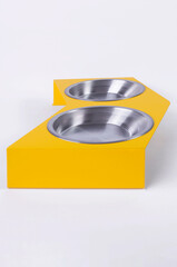 Dry dog and cat food in metal bowl, top view and flat lay