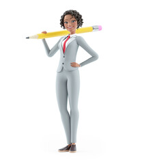 3d happy character businesswoman holding pencil