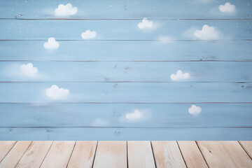 Simple baby wallpapers, blue wooden background with little clouds and stars, template for greeting card with copy space