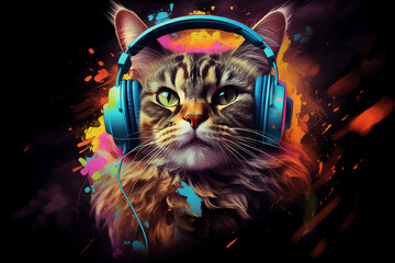 Cool dj cat in headphones on a black background - obrazy, fototapety, plakaty