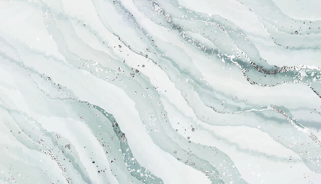 Modern marble stone texture border with silver waves and glitter splatter.