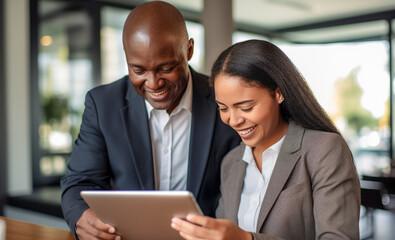 Happy professional business people team from different backgrounds. Woman and man workers working using digital tablet tech to find new job solutions.