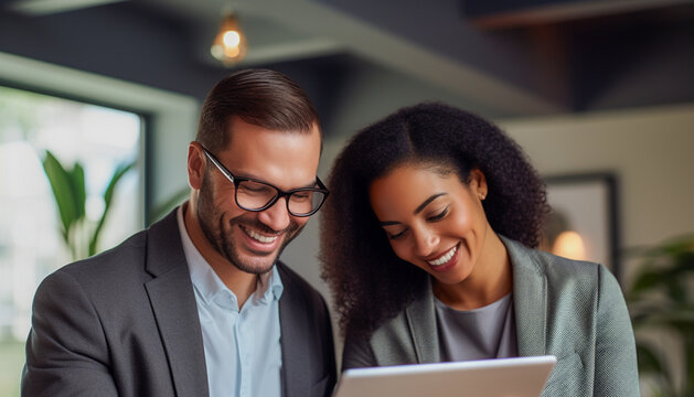 Happy professional business people team from different backgrounds. Woman and man workers working using digital tablet tech to find new job solutions.